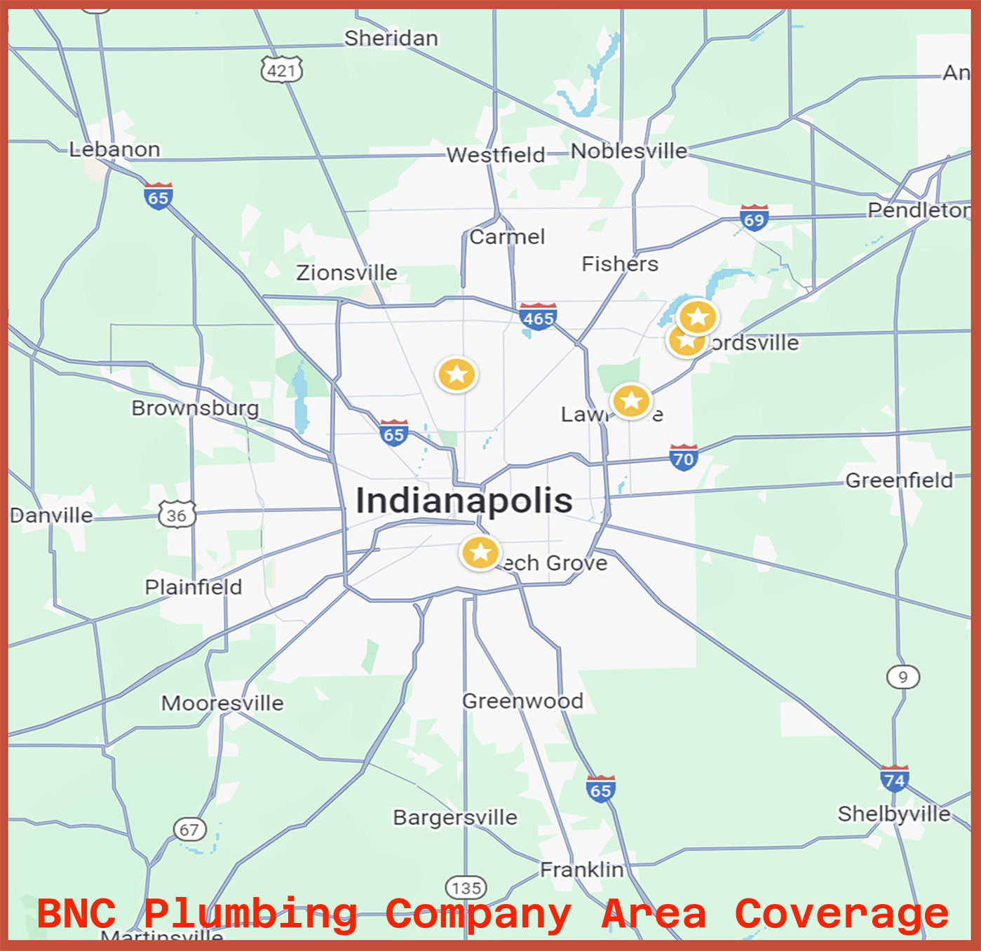 BNC Plumbing Company service area map showing residential drain repair cover