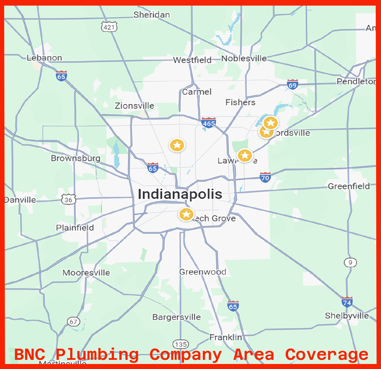 HVAC services area map Indianapolis heating cooling BNC Plumbing Company coverage